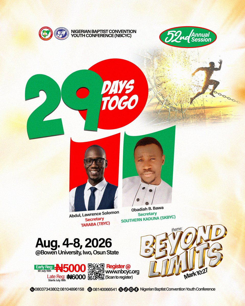 nbcyc_official's tweet photo. https://t.co/F3TEnBqnfi

29 days to go... Are you ready?
#NBCYC2026 #BeyondLimits #29DaysToGo #YouthOnMission #Mark1027 https://t.co/5uvkPIQ817