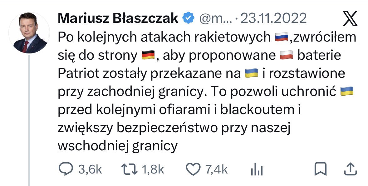 patrykmichalski's tweet photo. PiS za wszelką cenę próbuje się wyrzec swojej postawy w polityce dotyczącej wspierania Ukrainy. Tylko po to, by upodobnić się do Konfederacji i części braunistów. Zamiast chwalić się gigantycznym wspieraniem Ukrainy w walce z Rosją, teraz politycy PiS i akolici robią „skandal” z sojuszniczego przekazania Ukrainie pocisków do Patriotów. I robi to ten sam @mblaszczak, który w 2022 roku twierdził, że Polska nie potrzebuje baterii Patriot od Niemiec, bo bardziej przydadzą się w Ukrainie. Mimo że wówczas była to propozycja bezpośrednio skierowana do nas, do Polski. Politycy PiS za swoich rządów budowali zrozumienie dla konieczności wspierania Ukrainy, pospieszali inne kraje i dumnie podkreślali rolę lidera, teraz - bez względu na koszty - chce żerować na narastających antyukraińskich nastrojach, zamiast bronić tego, co było uznawane za wielki sukces.