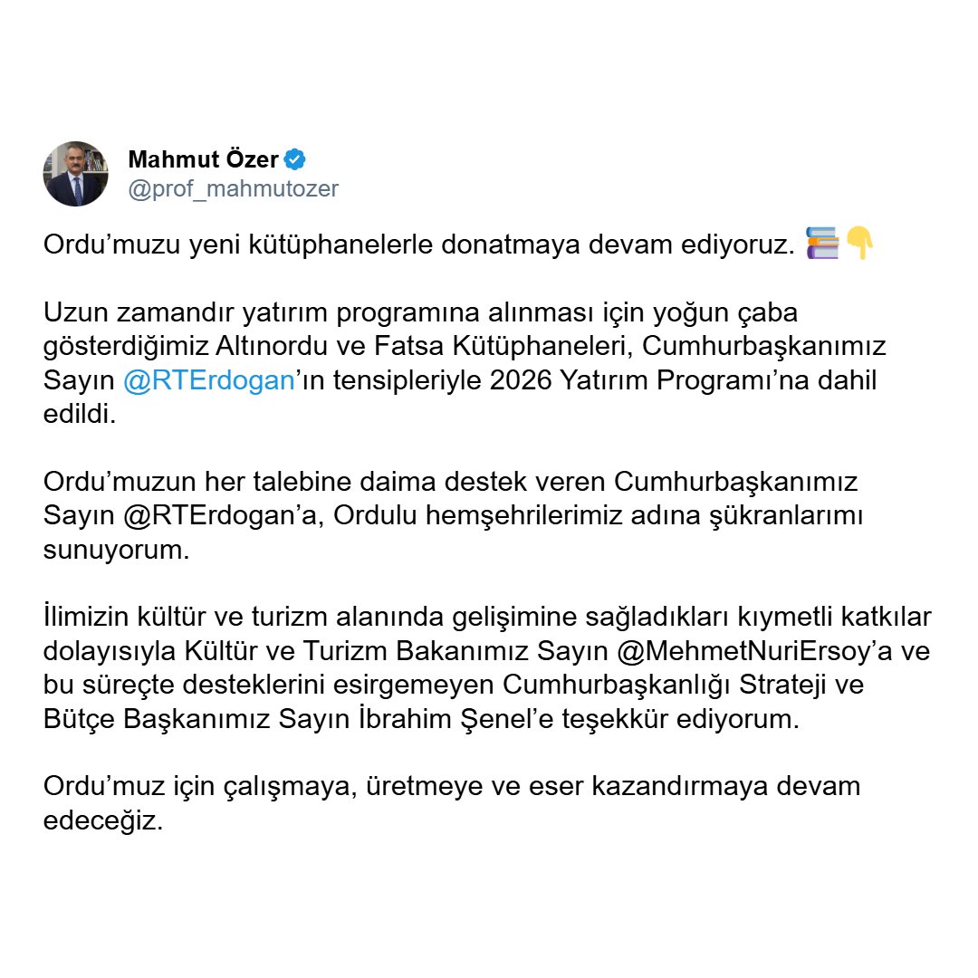 etemkibar's tweet photo. Fatsa'mız adına güzel bir müjdeyi hemşehrilerimizle paylaşmanın mutluluğunu yaşıyoruz. 📚

Ordu’muzun kültürel gelişimine değer katacak, geleceğimizin teminatı olan gençlerimize yeni ufuklar açacak Altınordu ve Fatsa Kütüphanelerinin 2026 Yatırım Programı’na alınmış olması şehrimiz için çok değerli ve kıymetlidir.

Şehrimize kazandırılacak bu kıymetli yatırım dolayısıyla başta Cumhurbaşkanımız Sayın Recep Tayyip Erdoğan'a, Kültür ve Turizm Bakanımız Sayın Mehmet Nuri Ersoy'a, sürece öncülük eden Ordu Milletvekilimiz Prof. Dr. Mahmut Özer'e ve emeği geçen herkese Fatsalı hemşehrilerim adına şükranlarımı sunuyorum.

Kütüphaneler yalnızca kitapların bulunduğu mekânlar değil; hayallerin filizlendiği, bilginin paylaşıldığı ve geleceğin inşa edildiği merkezlerdir. İnşallah bu eserler, çocuklarımızın ve gençlerimizin yetişmesine, Ordu’muzun kültür hayatının daha da zenginleşmesine önemli katkılar sağlayacaktır.

Ordu’muza değer katan her yatırımın yanında olmaya, şehrimizin yarınları için hep birlikte çalışmaya devam edeceğiz. 🇹🇷

@prof_mahmutozer