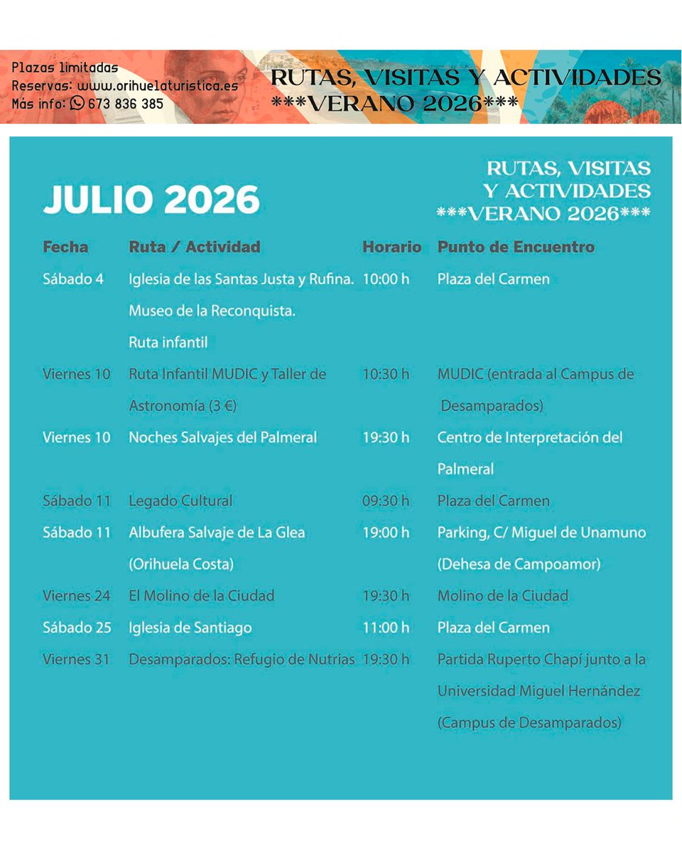 coMarcaVegaBaja's tweet photo. 🏛️ Este verano, descubre #Orihuela con sus rutas y visitas guiadas.

📅 Compartimos la programación de julio (en agosto habrá nuevas actividades).
Historia, patrimonio, naturaleza y planes para toda la familia.

📲 Consulta el cartel y reserva tu plaza con @orihuelaturis https://t.co/9clqzBeNQv