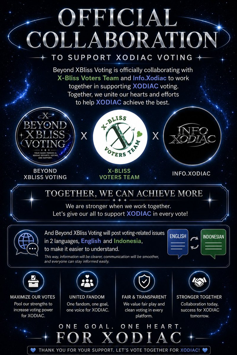 BX_voting's tweet photo. 📢 CALLING X-BLISS!!!

We're excited to announce our official collaboration with X-Bliss Voters Team (@XblissVoters and Info.Xodiac (@info_xodiac) to support XODIAC voting! 🤝

Let's support XODIAC together! 💙

#XODIAC #XBLISS #VoteForXODIAC https://t.co/Fht7DLNzWZ