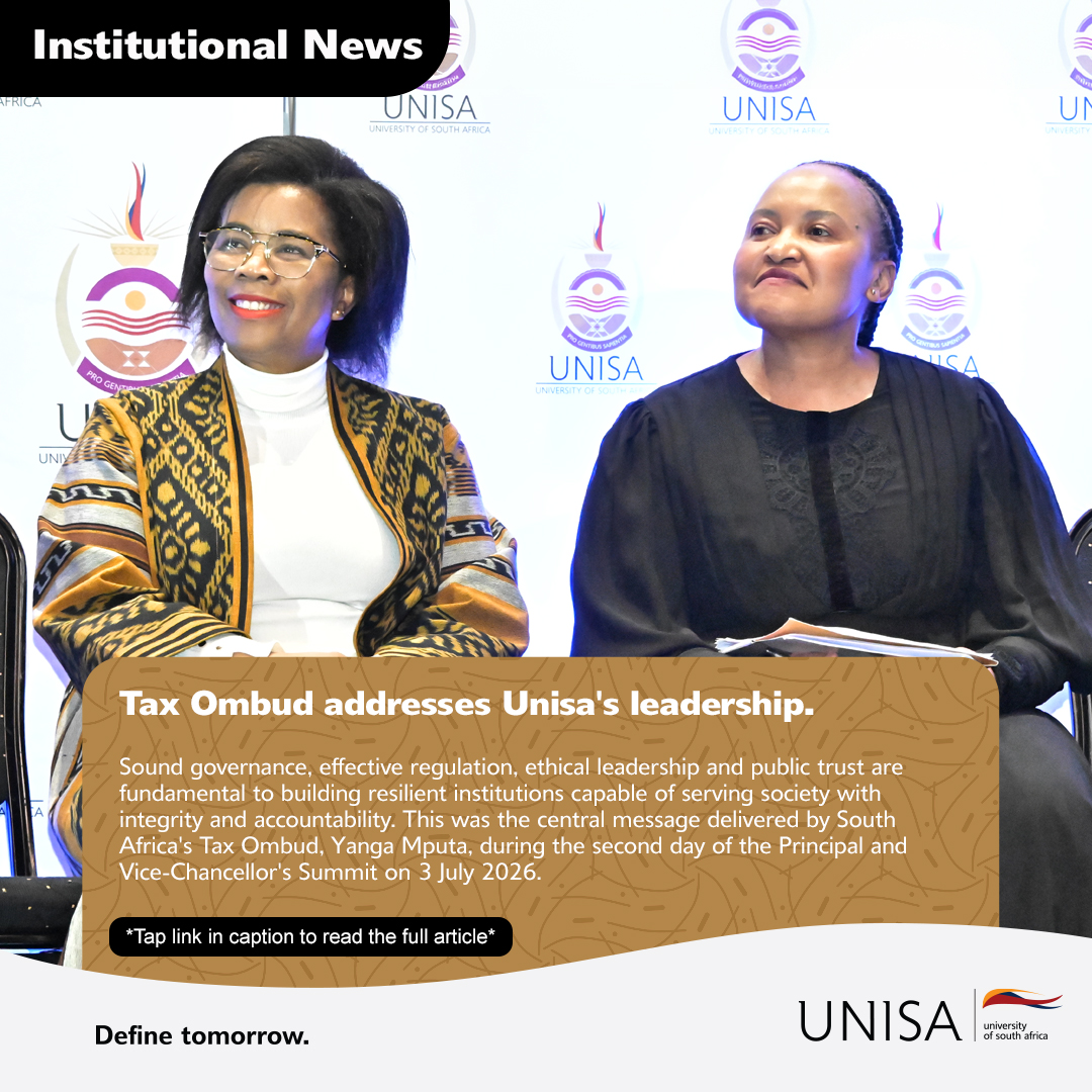 unisa's tweet photo. South Africa’s first female Tax Ombud, Yanga Mputa, delivered an insightful and provocative address on the second day of the 2026 Unisa’s Principal and Vice-Chancellor's Summit. Her key message was that governance, regulation and ethical leadership are key to building institutional trust. 

https://t.co/rukdlPLynQ 

#Unisa150andBeyond #UnisaPVCSummit2026
