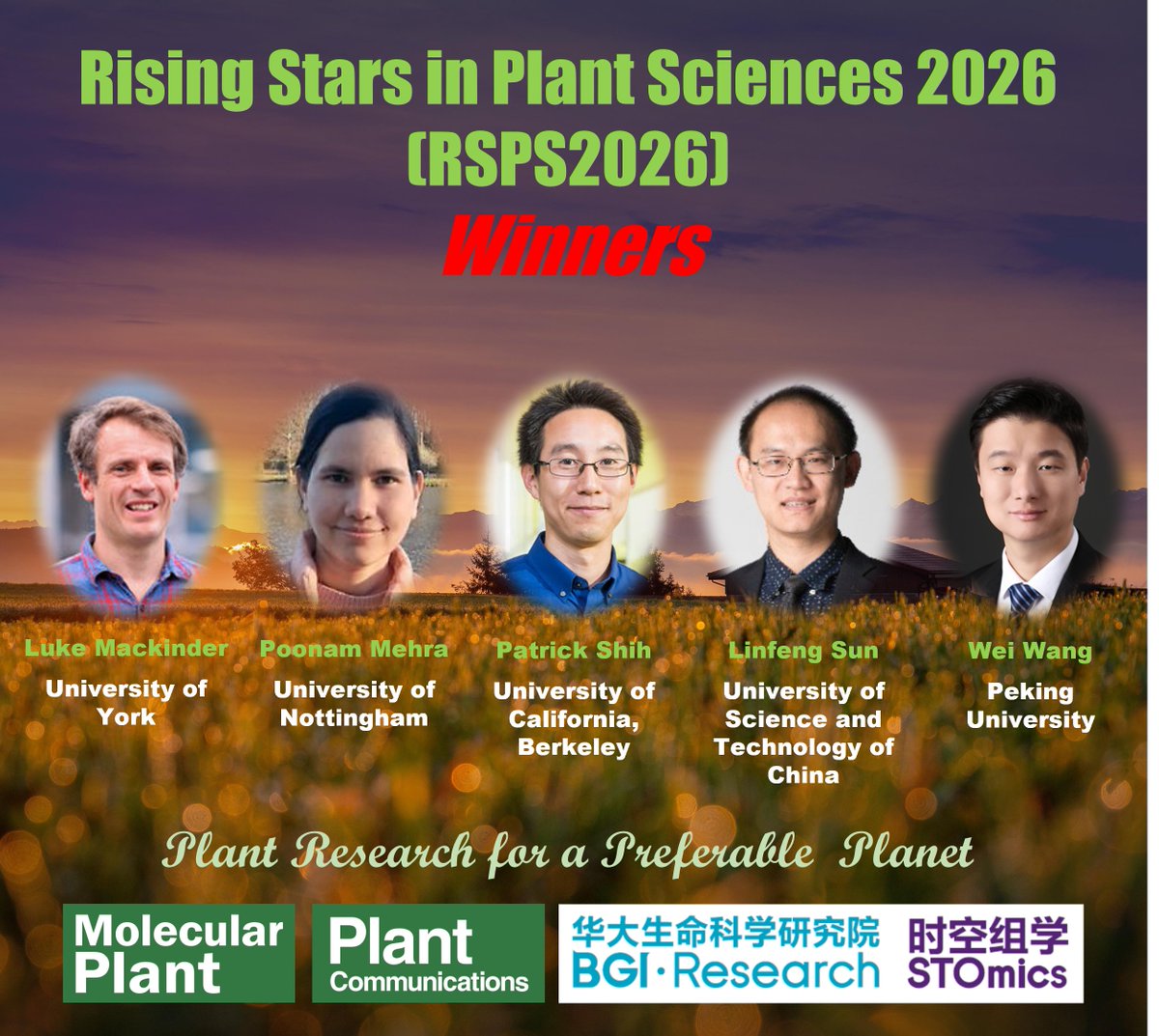 MPlantPCom's tweet photo. New! The winners of Rising Stars in Plant Sciences 2026 (RSPS2026) come out. Congratulations to Dr. Luke Mackinder, Dr. Poonam Mehra, Dr. Patrick M. Shih, Dr. Linfeng Sun, and Dr. Wei Wang!🎇🎇🎇 https://t.co/83QMh5XUNW