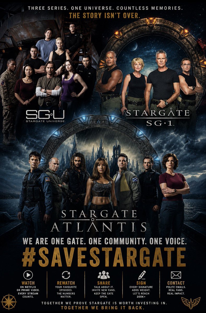 JamesBryhan's tweet photo. There will never be another moment in television quite like this.

Three series.
Three incredible casts.
Three unforgettable journeys.

SG-1 taught us that courage and hope could change the galaxy.

Atlantis reminded us that the greatest adventures begin when we dare to step through the unknown.

Universe proved that even when we’re lost, humanity never stops searching for a way home.

Together, they inspired millions of people around the world. They didn’t just create one of the greatest science-fiction franchises ever made—they created a family.

That’s why this fight matters.

Not because we’re living in the past…
But because stories like these deserve a future.

Stream the shows. Introduce someone new to Stargate. Share the petition. Keep talking. Keep believing.

Let’s reach 200,000 signatures.

200,000 signatures.
200,000 voices.
One message: Stargate matters.

Every viewer matters.
Every signature matters.
Every voice matters.

The Gate is still waiting.

#SaveStargate
We shall not go quietly into the night.