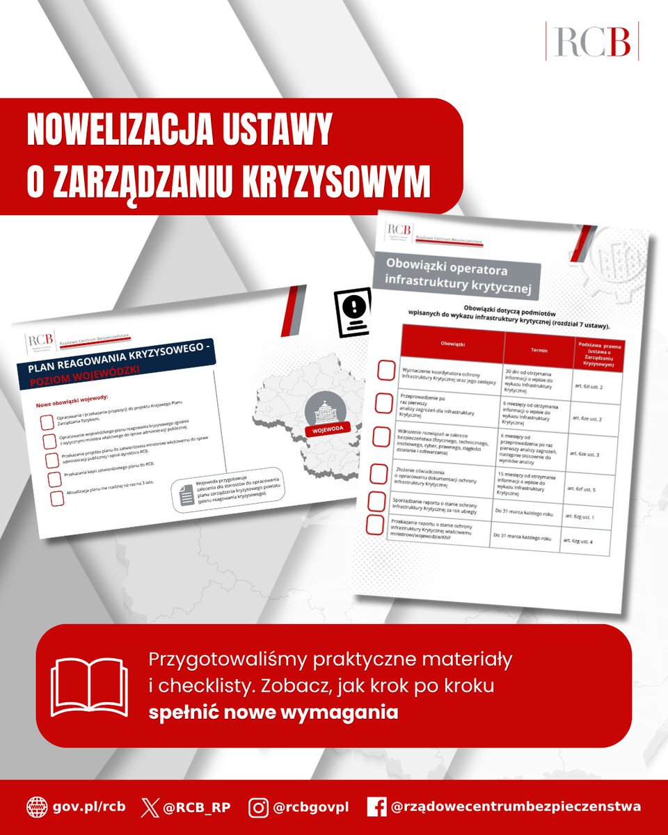 RCB_RP's tweet photo. 📢 W życie weszły ważne zmiany w ustawie o zarządzaniu kryzysowym!

Zmiany w ustawie o zarządzaniu kryzysowym wprowadzają nowe obowiązki m .in. dla administracji publicznej, operatorów infrastruktury krytycznej oraz podmiotów krytycznych.

📄 Jakie działania należy podjąć?
 ⏰Jakie terminy obowiązują?
 ✅ Jak przygotować się do nowych wymagań?

W celu ułatwienia przygotowańRządowe Centrum Bezpieczeństwa opublikowało praktyczne materiały, które w przystępny sposób przedstawiają najważniejsze zmiany, obowiązki i terminy.

👉 Sprawdźcie, co się zmienia, kogo dotyczą nowe przepisy i jak odpowiednio się przygotować.

Więcej informacji: https://t.co/gpaV8XKKjp