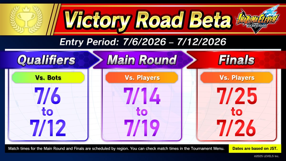 InazumaSeries's tweet photo. ◤￣￣￣￣￣￣￣￣￣￣￣￣￣￣
  The Official Online Tournament
  Victory Road Beta is now live! 🏆
　　＿＿＿＿＿＿＿＿＿＿＿＿＿＿◢

The very first official online tournament has finally begun!
Registration for this season is open until July 12 at 11:59 PM (JST)! Be sure to check out the upcoming tournament schedule, too! 👀

The challenge awaits!

#InazumaEleven