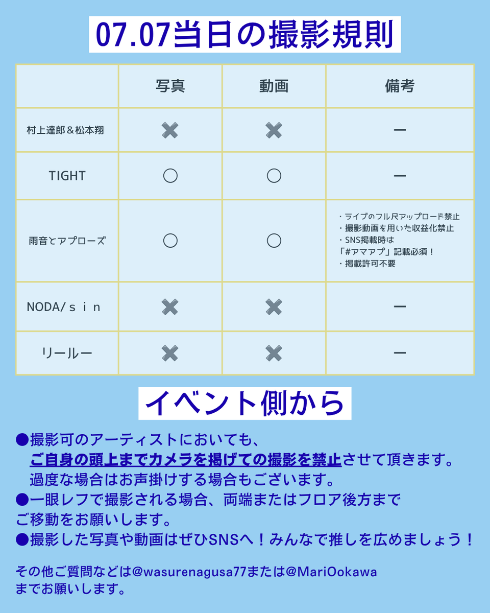 wasurenagusa77's tweet photo. /／
 📢 イベント当日の撮影について
\＼

 07.07『 ワスレナグサ15Anniversary-Day2- 』
お客様の撮影につきまして

アーティストごとに表にまとめました。
ご来場いただける方は確認をお願いします。

またイベント通してのお願いも記載しております。
合わせてお目通しをお願い致します。 https://t.co/DBgDSUvA9s