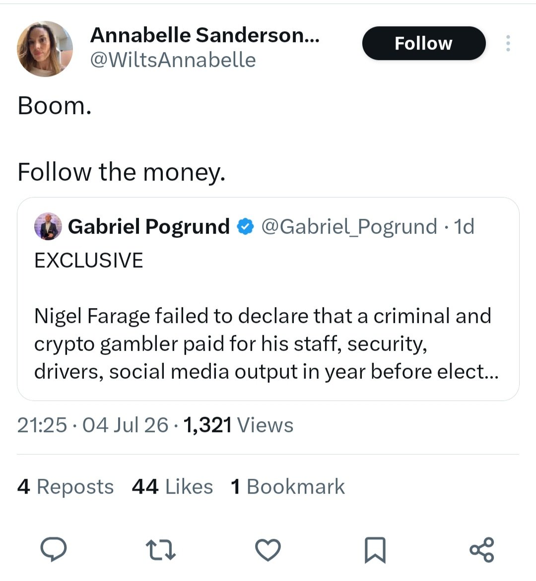 david_hollas's tweet photo. Farage failed to declare a year of funding from a convicted fraudster. His own Register shows it.
Nigel Farage's Register of Members' Financial Interests currently lists two entries connected to George Cottrell: a £9,253.60 trip to Belgium in April 2024, and a £15,276 US domestic flight in December 2024. Both are framed as one-off visits. Neither mentions ongoing funding.
That framing doesn't match what's now on the record. The Sunday Times reported that Cottrell, a convicted fraudster with links to an offshore crypto gambling platform, paid for Farage's staff, security, drivers and social media output throughout the year before his election as MP for Clacton on 4 July 2024. Cottrell's own lawyers have confirmed he hired staff for Farage's private office and paid them by bank transfer. He has also let Farage use a Georgian townhouse near Buckingham Palace, both before and after the election.
Under House of Commons rules, new MPs must register any benefit worth more than £300 received in the twelve months before their election, provided it relates in any way to their political activities. The only exemption is for gifts that are purely personal. Farage's position, relayed through his Treasury spokesman Robert Jenrick, is that the funding predated his time as an MP and came from a personal friend, so no registration was required.
Jenrick went further than that defence allows. Asked directly on the BBC's Sunday with Laura Kuenssberg whether Cottrell paid for Farage's staff and security, he confirmed it, then added that it was perfectly legitimate for a personal friend to offer security. Asked whether Farage had stayed at Cottrell's townhouse, Jenrick didn't deny it. He said Farage had stayed there a couple of times, describing the visits as infrequent.
This lands on top of an existing inquiry. Parliamentary Commissioner for Standards Daniel Greenberg opened an investigation in May into a separate, undeclared £5m gift Farage received from crypto investor Christopher Harborne in June 2024, weeks before Farage reversed his decision not to stand for Parliament. Farage has given shifting explanations for that gift, including that it was to cover his personal security, a claim now complicated by Cottrell's lawyers confirming Cottrell was already paying for that security at the time. Labour's Lucy Powell has called for the Cottrell revelations to be folded into the same inquiry rather than treated separately.
It's also not Farage's first pass at this defence. In January, he was rectified by Greenberg's office for 17 late-registered payments totalling around £384,000, a breach he apologised for and which was treated as administrative error. Two more undeclared funding streams from crypto-linked donors, running at the same time as that error was being resolved, is a harder pattern to explain the same way.
One of the sharper reactions came from Trixy Sanderson, who spent over a decade as Farage's UKIP speechwriter and press aide and had an on-off relationship with him from 2005 until 2016, before changing her name and building a career in Wiltshire Conservative politics. Posting under her current name, Annabelle Sanderson, she responded to the Sunday Times story with four words: "Boom. Follow the money."