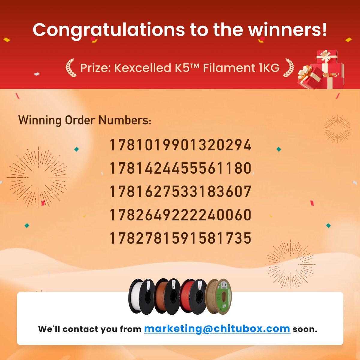 chitubox's tweet photo. 🎉 CHITUBOX 9th Anniversary Sale Giveaway Winners – Round 2
The winners in this round will receive:
🎁Kexcelled K5TM Filament (1kg)
🎁Kexcelled Basic LCD/DLP Resin (1kg)
A special thanks to @Kexcelled_3D  for supporting our 9th Anniversary Giveaway with these fantastic prizes! 💙 https://t.co/hSosu7RVkK