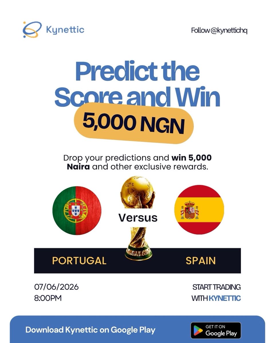 kynettichq's tweet photo. Predict correctly and win 5,000 NGN 🎉

🏆 Portugal vs Spain

All you have to do:
● Follow @kynettichq 
● Drop your prediction in comments.
● Tag 3 friends
● Add the hashtag #KynetticP2P
● Retweet or Quote tweet this post

20,000 NGN to be shared amongst 4 correct predictions. Credited directly to your Kynettic account⚡

Entries close 7PM WAT today. Match kicks off 8PM.
Don't overthink it. Drop your score 😌