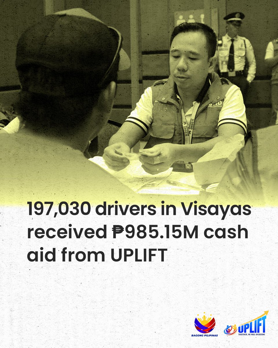 upliftgovph's tweet photo. 197,030 DRIVERS IN VISAYAS RECEIVED P985.15M MILLION CASH AID FROM UPLIFT

A total of 197,030 drivers of public-utility and delivery vehicles have received cash assistance of P5,000 each since the Middle East problem began. https://t.co/bvui05Ts73