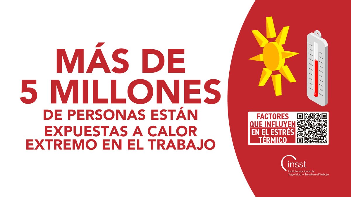 INSST_MITES_GOB's tweet photo. 📊 Más de 5 millones de personas están expuestas a calor extremo en su trabajo en España.

☀️ El estrés térmico no distingue sectores: construcción, agricultura, transporte…

🛡️ Evalúa el riesgo y actúa.
👉 https://t.co/CdH4WPgjC3

#CambioClimático #TrabajoyCalor #INSST https://t.co/RrGKK2PTeA