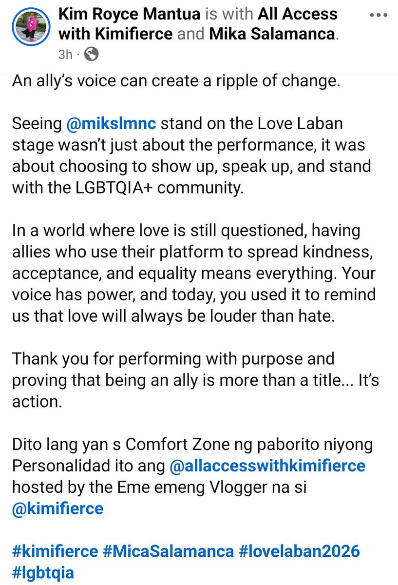 Rosemae411778's tweet photo. "An ally’s voice can create a ripple of change.

Seeing @mikslmnc stand on the Love Laban stage wasn’t just about the performance, it was about choosing to show up, speak up, and stand with the LGBTQIA+ community. 

In a world where love is still questioned, having allies who use their platform to spread kindness, acceptance, and equality means everything. Your voice has power, and today, you used it to remind us that love will always be louder than hate.

Thank you for performing with purpose and proving that being an ally is more than a title... It’s action."

https://t.co/WjWTp98z1C

#MikaSalamanca