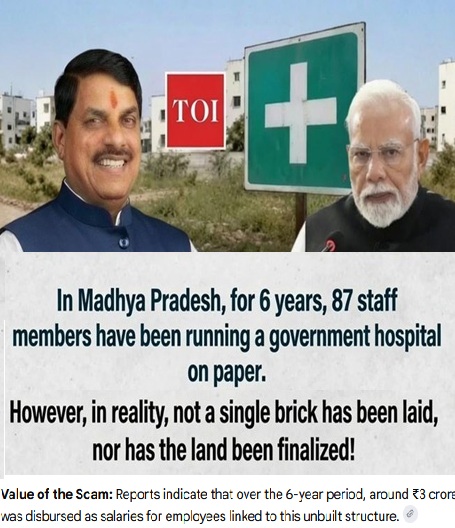 mediacrooks's tweet photo. Although the amount is not as huge as many other scams of BJP.. this is perhaps the GREATEST SCAM in the history of India.. A hospital being run on paper for SIX YEARS with 87 staff members.. This should be in the Goon-ness World Records @GWR .. @DrMohanYadav51 @NarendraModi https://t.co/eyEFuizFtN
