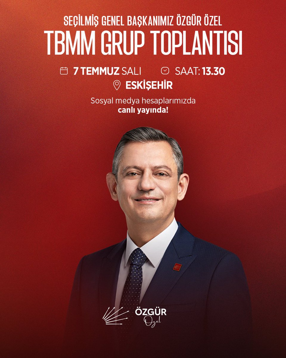 gulciftci's tweet photo. Genel Başkanımız Sayın Özgür Özel, yarın partimizin haftalık TBMM grup toplantısında konuşacak.

🗓️ 7 Temmuz Salı
⏰ 13.30
📍 Eskişehir https://t.co/YHHMZQCOTN