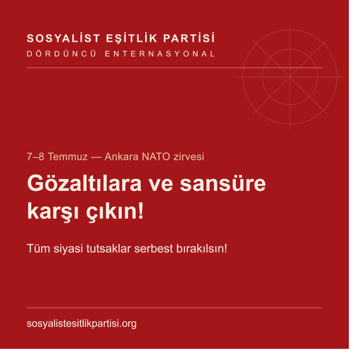 ssosyalizm's tweet photo. ⚫️ NATO’nun savaş suçluları için yapılan gözaltılara ve sansüre karşı çıkın! Tüm siyasi tutsaklar serbest bırakılsın!

7–8 Temmuz’da Ankara’da toplanacak NATO Zirvesi öncesinde Cumhurbaşkanı Recep Tayyip Erdoğan hükümeti, başkentte 13 günlük fiili bir olağanüstü hâl ilan etmekle kalmadı; geçtiğimiz hafta sonu ülke genelinde yeni bir baskı dalgası başlattı. İran’a karşı saldırı savaşını yöneten ve Gazze’deki soykırımı mümkün kılan ABD Başkanı Donald Trump’ın başını çektiği emperyalist savaş suçluları “rahat etsin” diye, savaşa ve NATO’ya karşı çıkan yüzlerce kişi daha gözaltına alındı. Bu, önceki haftalarda yapılan yüzlerce gözaltı ve 200’ü aşkın tutuklamanın ardından geldi.
4 Temmuz’da Ankara Tuzluçayır’da hukuk öğrencileri gözaltına alındı; aynı akşam Anadolu Kültür ve Araştırma Derneği’nin (AKA-DER) Tuzluçayır Şubesi’ne yapılan baskında en az dokuz kişi gözaltına alındı.
5 Temmuz sabahı en az 18 ilde eş zamanlı ev baskınları düzenlendi. Üye ve yöneticileri gözaltına alınan kurumlar arasında Türkiye İşçi Partisi (TİP), Emek Partisi (EMEP), Sosyalist Emekçiler Partisi (SEP), Ezilenlerin Sosyalist Partisi (ESP), SOL Parti, Halkevleri, Çağdaş Hukukçular Derneği (ÇHD), Devrimci Gençlik Dernekleri (DGD), Devrimci Hareket, Bağımsız Devrimci Sınıf Platformu (BDSP), Sosyalist Mücadele İnisiyatifi (SMİ), Sosyal Dayanışma Platformu (SODAP), Partizan, Kaldıraç Hareketi, Özgür Üniversite Hareketi, Mücadele Birliği, Emek Gençliği, Özel Sektör Öğretmenleri Sendikası ve Dostluk ve Kültür Derneği yer aldı. Gözaltına alınanlar arasında iki haber kuruluşunun (T24 ve Oda TV) editörleri de bulunuyor.
Pazar akşamı Türkiye Komünist Partisi’nin (TKP) Kızılay’daki NATO karşıtı yürüyüşüne polis saldırdı; parti yöneticileri dâhil yüzü aşkın kişi gözaltına alındı, saldırı nedeniyle yaralananlar oldu.
Sosyal medyada da siyasi sansür tırmandı. En son soL Haber’in yaklaşık 924 bin takipçili X hesabı “milli güvenlik” gerekçesiyle engellendi. Bu, kısa süre önce Sol Genç, Emek Gençliği, Laborans, Toplumsal Muhalefet, Devrimci Gençlik Dernekleri (DGD), Devrimci Hareket, Halkevleri, Sosyalist Meclisler Federasyonu (SMF), Türkiye Komünist Hareketi (TKH) İstanbul İl Örgütü, Umut Gazetesi, NATO Defol Kampanya Platformu, İnsan Hakları Derneği (İHD) ve sayısız başka hesabın kapatılmasının ardından geldi.
Türk egemen sınıfının kendi çıkarları doğrultusunda ABD-NATO ekseninde parçası olduğu dışarıdaki emperyalist savaş ile içerideki polis devleti baskısı, aynı madalyonun iki yüzüdür. Yasal ve anayasal faaliyetleri “suç” sayan bu operasyonlar, Ukrayna’dan İran’a Türkiye’yi çevreleyen savaşın ve içeride savaşa, kemer sıkmaya ve siyasi baskıya karşı büyüyen toplumsal muhalefeti bastırma dürtüsünün ürünüdür. Erdoğan rejimi, ABD ve Avrupa başkentlerinin onayıyla bir başkanlık diktatörlüğü inşa etmektedir; bu, kapitalist sistemin aynı kriziyle karşı karşıya olan tüm emperyalist hükümetlere örnek olmaktadır.
Sosyalist Eşitlik Partisi – Dördüncü Enternasyonal şunları talep ediyor:
* Gözaltına alınan ve tutuklanan tüm siyasi tutsaklar derhal serbest bırakılsın.
* Ankara’daki fiili OHAL ve tüm yasaklar kaldırılsın, sansüre son verilsin.
* Zirve iptal edilsin; Türkiye NATO’dan çıksın, NATO dağıtılsın. Militarizme ve savaşa harcanan tüm kaynaklar toplumun ihtiyaçları doğrultusunda yeniden tahsis edilsin.
* İran, Gazze ve Lübnan’a saldırılar ve NATO’nun Ukrayna’da Rusya’ya karşı savaşı durdurulsun; Türkiye ve bölge genelindeki tüm emperyalist üsler kapatılsın.
* İran’a, Küba’ya, Rusya’ya ve diğer ülkelere karşı uygulanan her türlü yaptırım ve ekonomik savaş sona erdirilsin.
* Tüm savaş suçlularından hesap sorulsun.
Bu olaylar, Türkiye’de NATO güçleri için ve onların onayıyla artan baskının ortasında “demokrasi” ve “toplumsal barış” için aynı NATO güçlerine seslenen burjuva muhalefetin iflasını da sergilemektedir.
Emperyalist savaşı ve diktatörlüğü durdurmanın yolu, uluslararası işçi sınıfının sosyalist bir program temelinde birleştirilip seferber edilmesinden geçmektedir. Dördüncü Enternasyonal’in Uluslararası Komitesi (DEUK), dünya genelinde bu perspektif uğruna mücadele etmektedir. Bu mücadeleyi ilerletmek için DEUK’un Türkiye şubesi olan Sosyalist Eşitlik Partisi – Dördüncü Enternasyonal’e katılın.