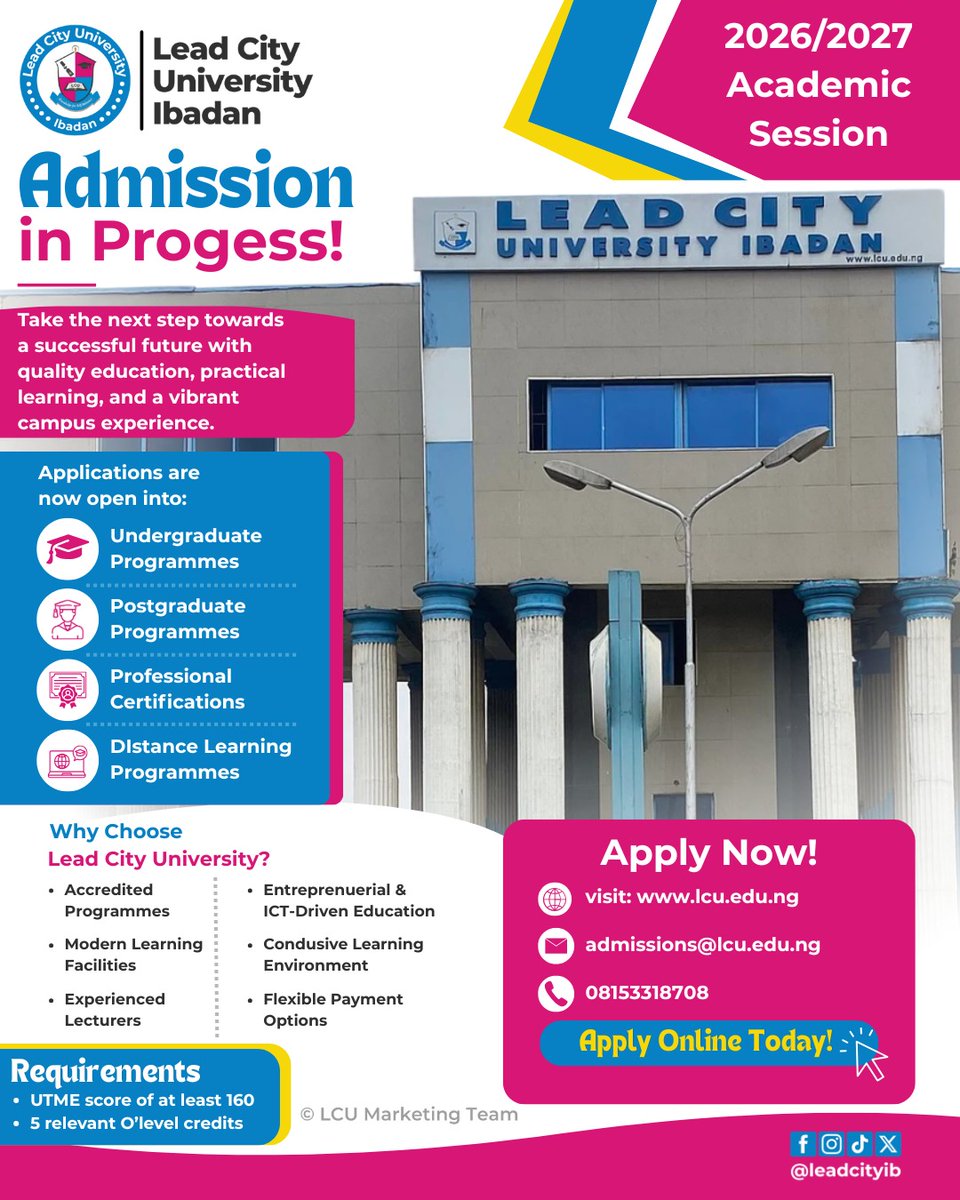 LeadcityIB's tweet photo. Every great achievement begins with a single step.

If you're ready to pursue your academic goals in an environment that encourages excellence, innovation, and personal growth, Lead City University is ready to welcome you.

Admissions for the 2026/2027 Academic Session are now https://t.co/iH7rsPOMnd