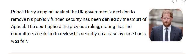 MDymore's tweet photo. "Prince Harry loses legal challenge against Home Office over UK security arrangements."
"Delivering the court's ruling, Judge Sir Geoffrey Vos said although the duke's arguments were "powerful and moving", he "could not say that the Duke's sense of grievance translated into a legal argument for the challenge to RAVES's decision".
