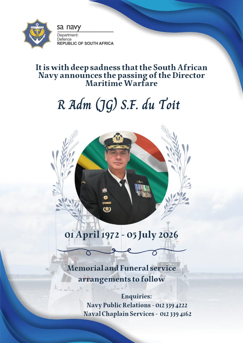 SANDF_ZA's tweet photo. It is with deep sadness that the πΏπ¦South African Navy announces the passing of the Director Maritime Warfare, Rear Admiral (Junior Grade) S.F. du Toit.
Memorial and Funeral Service arrangements to follow.
πΏπ¦#SANDF
πΏπ¦#SANavy
πΏπ¦ποΈ #RIPSASoldier https://t.co/Z4DME0uqwu