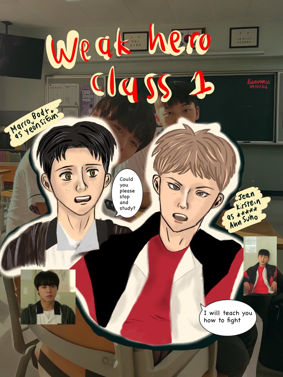 lisaviousdotzip's tweet photo. Finished 〰️
Marco Jean x Weak Hero Class 1

I have so many crossovers I want to do with Marcojean 😭 

Weak Hero is one of my fav. Marco as Sieun, Jean as Suho in this AU, Marco is alive and Jean is the one sleeping 😂

Happy #マルジャン Day! #marcojean https://t.co/I6wfYVhVEA