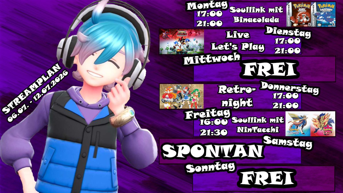 xLuphi's tweet photo. My Friends, 
hier ist der Streamplan für diese Woche!
Eine kleine Änderung gibt es: Heute werden wir, statt der Soullink, weiter in Violet nach glitzernden Pokemon hunten. 😁 https://t.co/iNvKfNQiU3