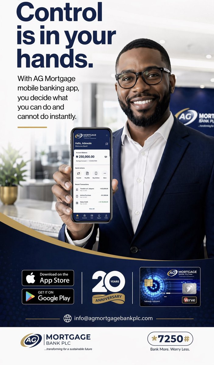 AGMB_PLC's tweet photo. Control in your pocket. Banking on your terms.

Experience total financial control with the AG Mortgage Mobile App. Manage your accounts, make instant transfers, and pay bills anytime, anywhere 24/7. 🚀
Download now on the Apple App Store or Google Play Store! 📥
#AGMortgageBank https://t.co/BJbtTKw64L