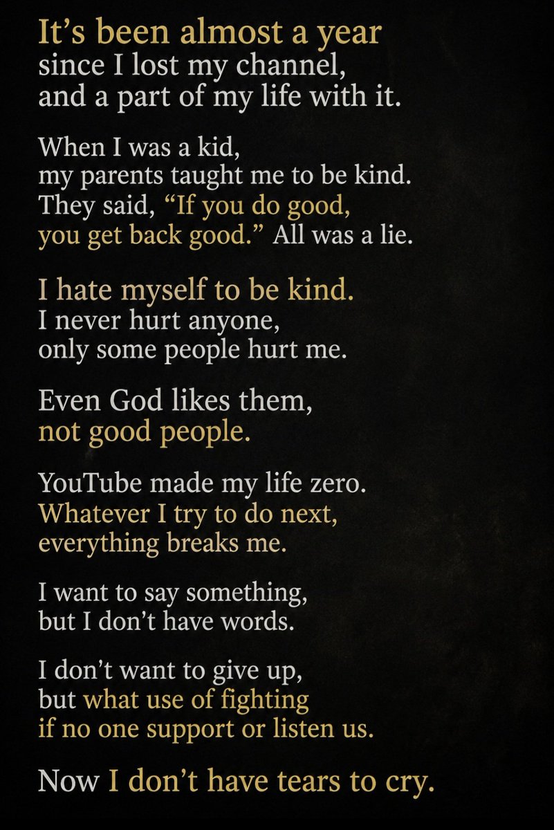 AdvisVerse's tweet photo. I know this is just a channel, but it changed my life. It feels like no matter what I try or how hard I fight, nothing works. Whatever I hope for, nothing happens. @TeamYouTube
@nealmohan For your success, you destroyed the dreams of many small creators. Thank You https://t.co/52nD2yxZlj