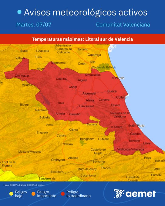 AEMET_CValencia's tweet photo. Hoy hay aviso naranja activado en sur de Valencia, donde se pueden superar los 40 ºC, especialmente en zonas bajas alejadas del mar. Mañana se generalizan los avisos naranja y hay aviso ROJO en la zona de avisos litoral sur de Valencia por máximas de 44 °C al interior de la zona. https://t.co/e6QtGjgWf3