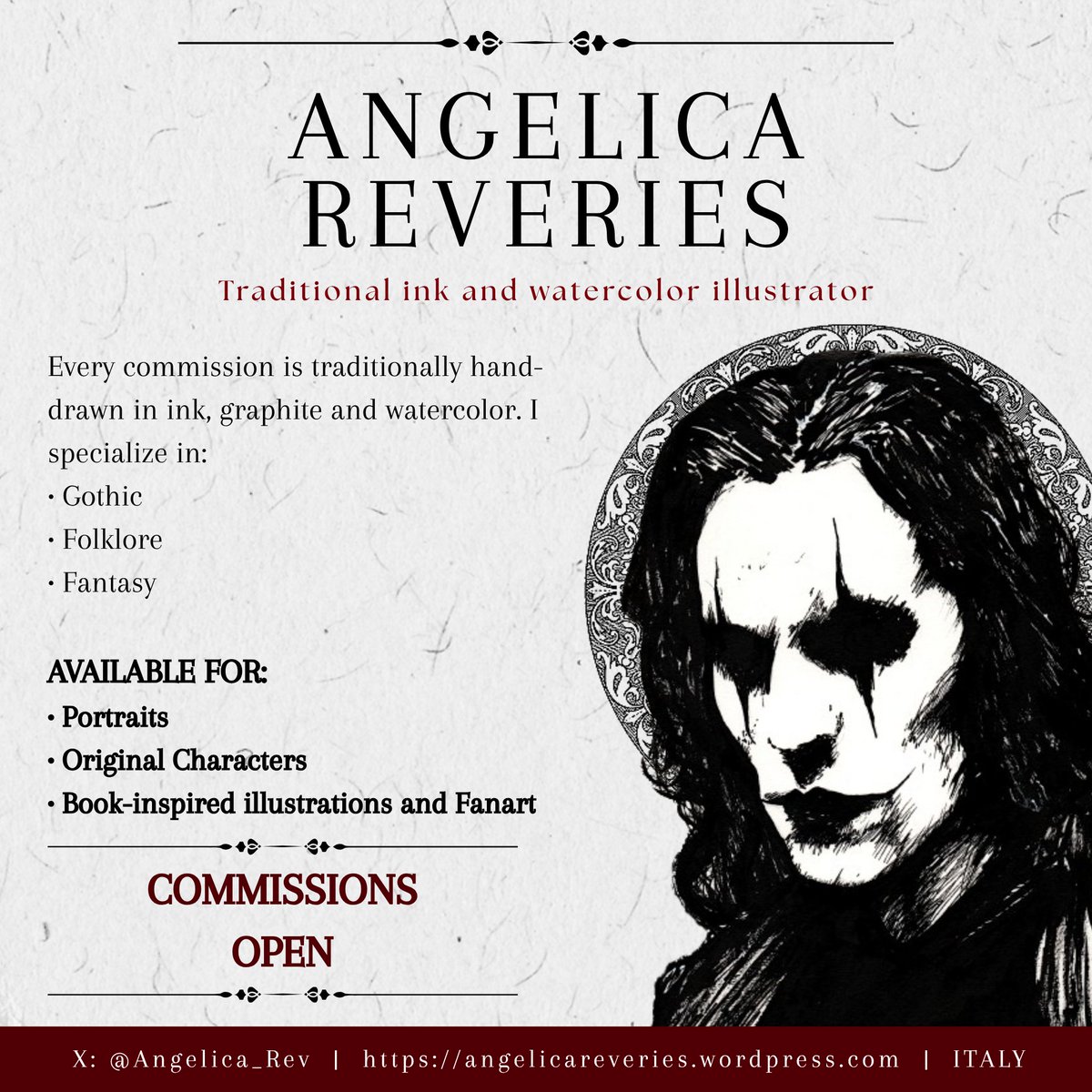 Angelica_Rev's tweet photo. ✨ Commissions are OPEN! ✨
I'm currently accepting commissions for:

🖤 Portraits
📖 Illustrations
🕯️ Gothic &amp; fantasy artwork
🎭 OCs
Every piece is traditionally hand-drawn in graphite, ink and watercolor. Here are my commission infos!
📩Feel free to DM me if you're interested! https://t.co/YrjI100YZp