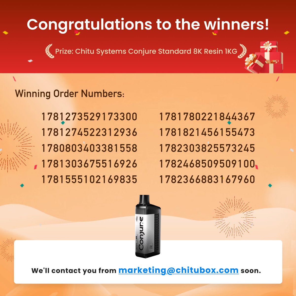 chitubox's tweet photo. 🎉CHITUBOX 9th Anniversary Sale Giveaway Winners – Round 3
Congratulations to everyone below! 🥳
🎁Chitu Systems Conjure Standard 8K Resin (1kg)
🎁Chitu Systems Hoopat
🎁Chitu Systems Mini Heater II
Special thanks to @ChiTuSystems for making these prizes possible! 💙 https://t.co/R2phajNyQn