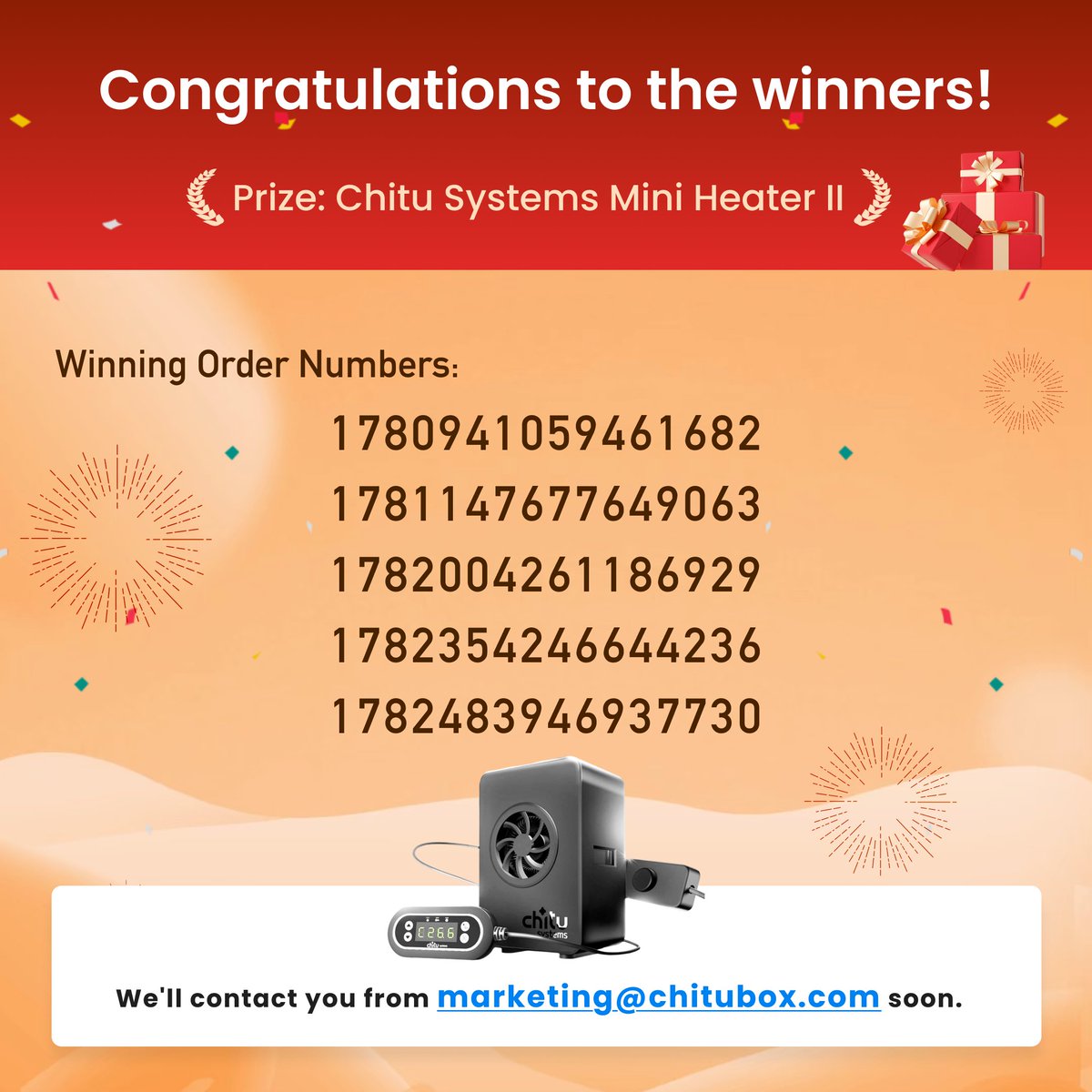 chitubox's tweet photo. 🎉CHITUBOX 9th Anniversary Sale Giveaway Winners – Round 3
Congratulations to everyone below! 🥳
🎁Chitu Systems Conjure Standard 8K Resin (1kg)
🎁Chitu Systems Hoopat
🎁Chitu Systems Mini Heater II
Special thanks to @ChiTuSystems for making these prizes possible! 💙 https://t.co/R2phajNyQn