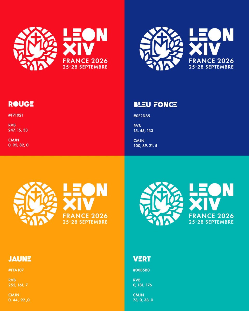Eglisecatho's tweet photo. À l'occasion du voyage apostolique du #PapeEnFrance du 25 au 28 septembre 2026, la Conférence des évêques de France dévoile aujourd'hui l'univers graphique qui accompagnera cet événement historique. Conçue autour de la devise du voyage, « Pour que le monde ait la vie », cette identité visuelle a vocation à incarner l'esprit de rassemblement et d'unité qui marquera les quatre journées du Pape, à Paris, Lourdes et Metz.