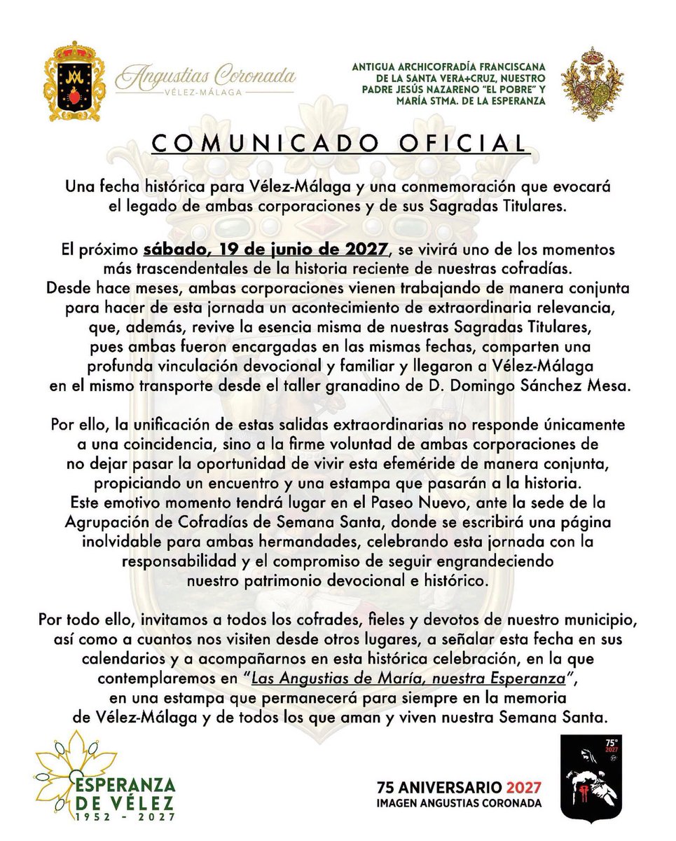 PobreyEsperanza's tweet photo. ⚜️ COMUNICADO OFICIAL CONJUNTO 💚🖤

@AngustiasVelez 

#EnTusAngustiasNuestraEsperanza #CofradiasVM #CofradiasMLG #CofradíasMLG https://t.co/6ZQtMOFtnK