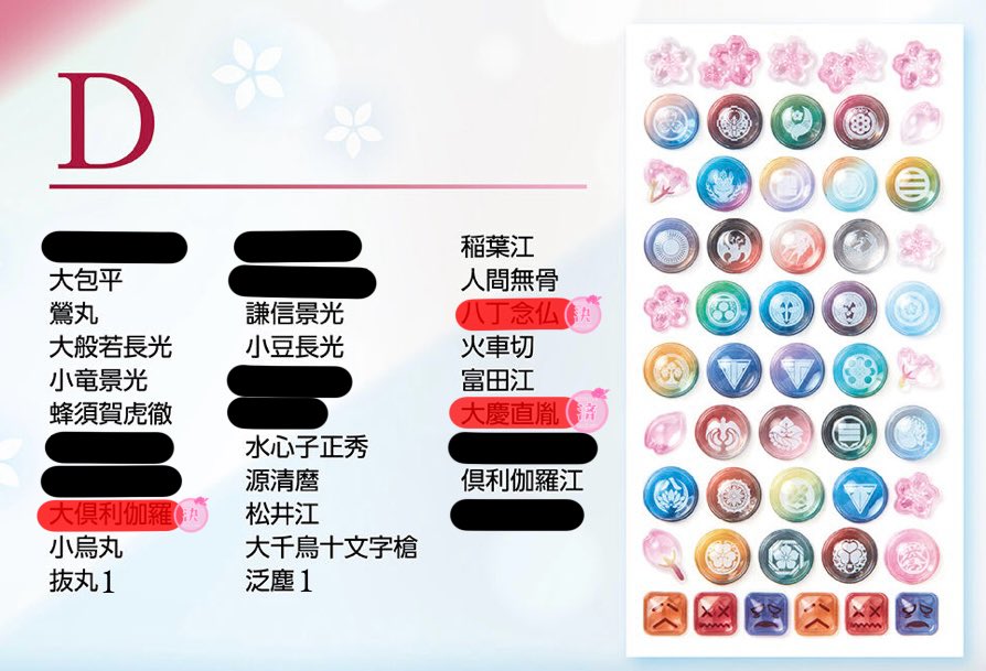 sawa_itigo's tweet photo. 【交換、譲渡】
刀剣乱舞ONLINE 
ボンボンドロップシール

【譲】A3、B3、C3、D2画像参照
【求】一期一振＞鶴丸国永＞京極正宗＞加州清光、秋田藤四郎、乱藤四郎＞粟田口、正宗、笹貫

譲渡の場合一枚20円(郵送の場合＋送料)
郵送、都内手渡し○

よろしくお願いいたします🙏 https://t.co/ZwMXX7zWDh