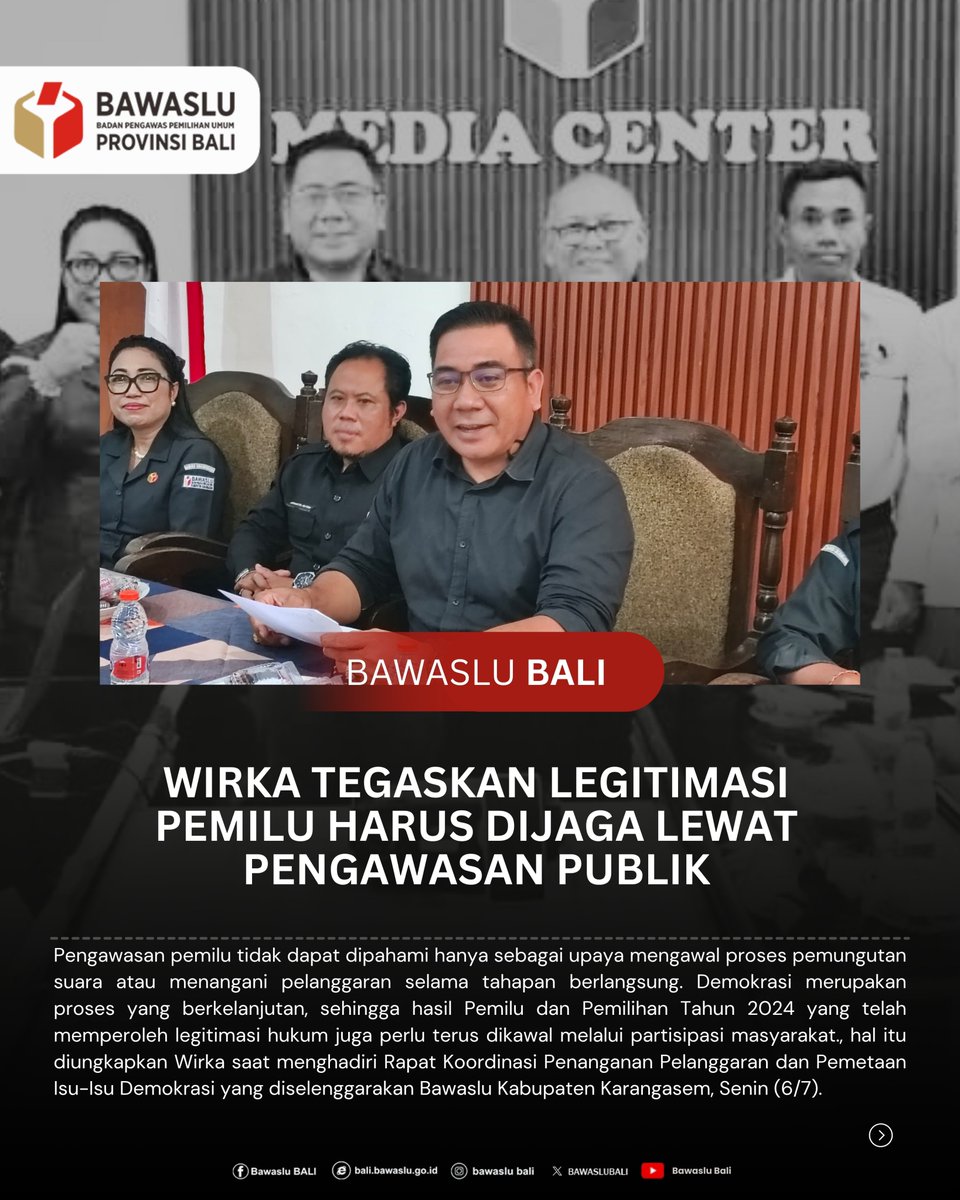 BAWASLUBALI's tweet photo. Wirka Tegaskan Legitimasi Pemilu Harus Dijaga Lewat Pengawasan Publik

Baca selengkapnya di :
https://t.co/gYBRkZOtyu https://t.co/7mxa8GHjzj