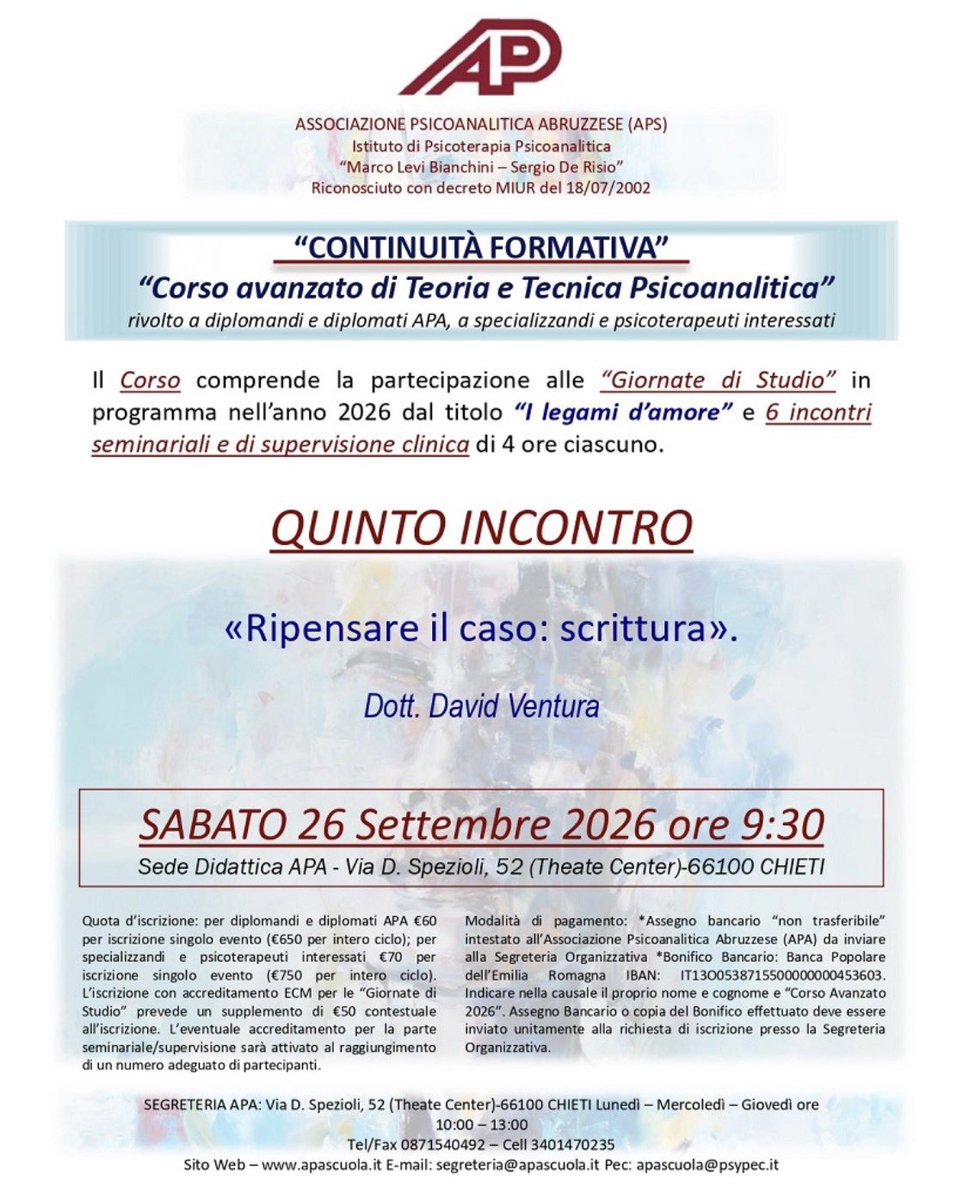 PsicoanalAssoc's tweet photo. «Ripensare il caso: scrittura»
Per info e iscrizioni: https://t.co/FD89p0myyh https://t.co/LTaUd7AOUN