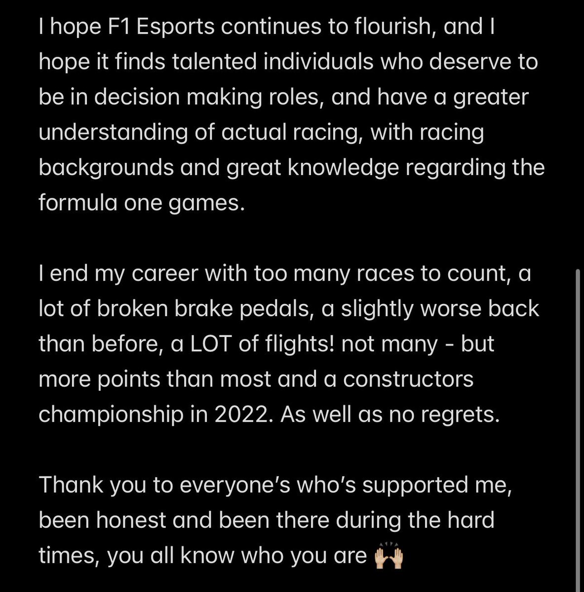 WilsonHughesss's tweet photo. Announcing my departure from McLaren and my retirement from competing as a driver within F1 Esports.

Thanks to all who have supported me and joined me on the way right from the beginning ❤️ https://t.co/KA1f8xeaET
