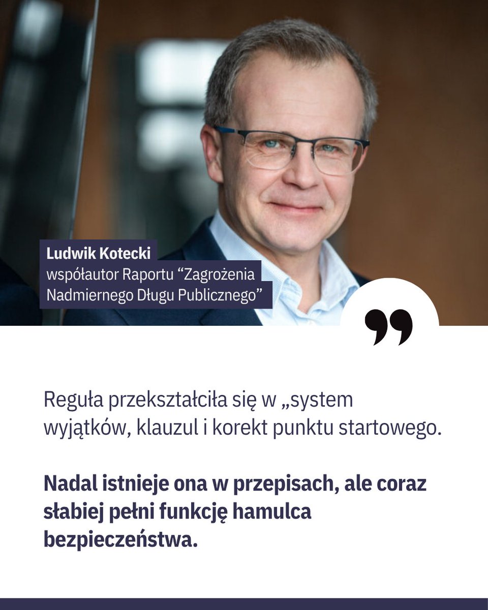 IFP_OrgPL's tweet photo. – Stabilizująca reguła wydatkowa coraz częściej pełni dziś raczej rolę „kwiatka do kożucha” niż skutecznego mechanizmu ograniczającego nadmierny wzrost wydatków – mówi Ludwik Kotecki @LudwikKotecki, jeden z autorów raportu „Zagrożenia nadmiernego długu publicznego. Edycja 2026”. 
 
Czerwcowe ustalenia NIK potwierdzają to, o czym pisano w raporcie „Zagrożenia nadmiernego długu publicznego. Edycja 2026”.

Stabilizująca reguła wydatkowa miała chronić finanse publiczne. Tymczasem – zdaniem NIK – sposób jej zastosowania w 2025 r. stworzył dodatkową przestrzeń wydatkową, która nie wynikała z prawidłowego stosowania przepisów.

W raporcie „Zagrożenia nadmiernego długu publicznego. Edycja 2026” autorzy wskazują, że SRW stopniowo traci swój pierwotny charakter i coraz słabiej pełni rolę fiskalnego hamulca bezpieczeństwa.

Dlaczego to ważne? Jakie są skutki zmian w SRW?
Więcej w raporcie: https://t.co/eWvleT5wK6
___
Kotecki L., Skawiński M., Wojciechowski P. (2026). Zagrożenia nadmiernego długu publicznego. Edycja 2026. Warszawa, Instytut Odpowiedzialnych Finansów. 

Opracowanie jest bezstronne i obiektywne, a partner wydania, Fundacja Przyjazny Kraj, nie miał wpływu na jego tezy ani wymowę. Publikacja wyraża prywatne opinie autorów, a nie instytucji, w których pracują. Raport bazuje na danych dostępnych do 21 maja 2026 r.