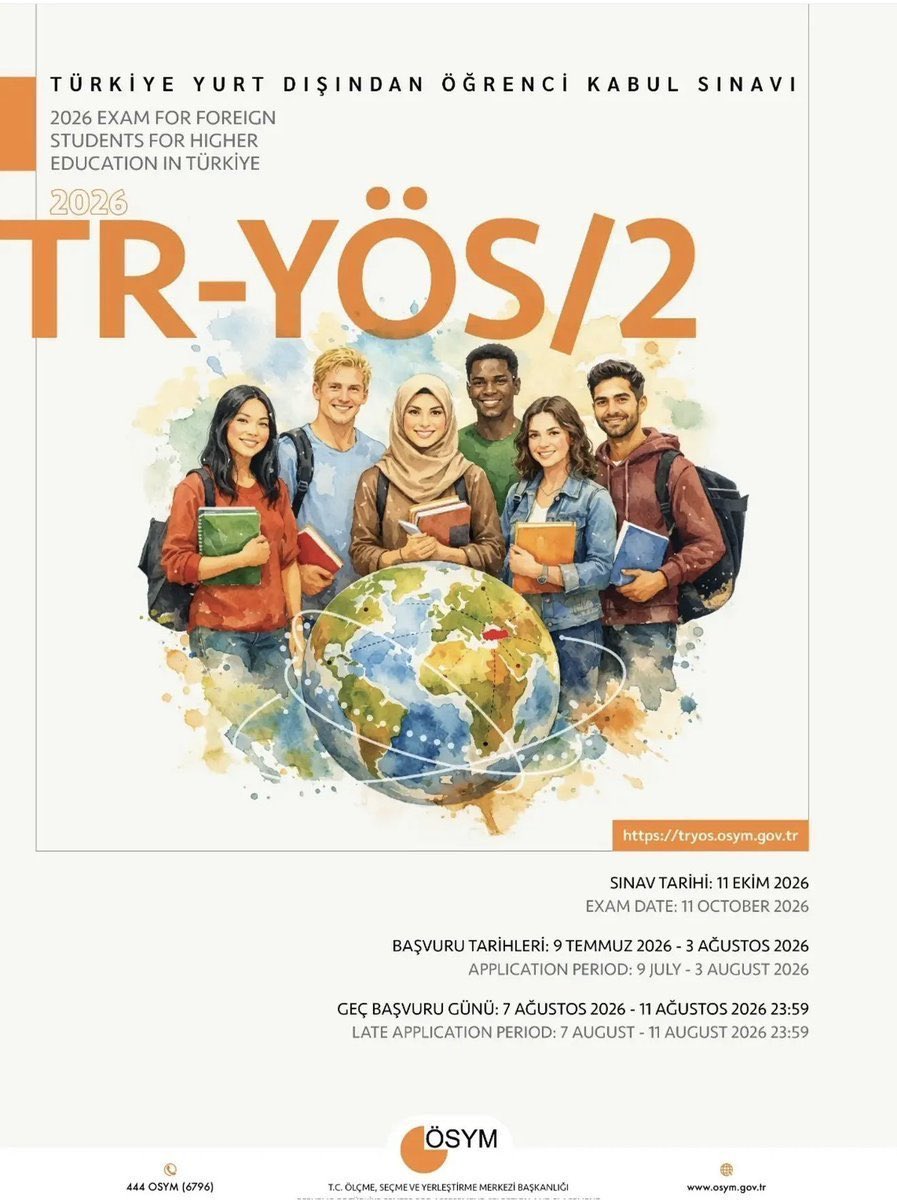 TC_CezayirBE's tweet photo. Türkiye’de yükseköğrenim hedefleyen uluslararası öğrenciler için 2026 TR-YÖS/2 başvuru süreci başladı.

Başvuru Tarihleri: 9 Temmuz – 3 Ağustos 2026

Sınav Tarihi: 11 Ekim 2026

Detaylı bilgi için: https://t.co/t2xYLhrbQJ https://t.co/LXvuD36VCK