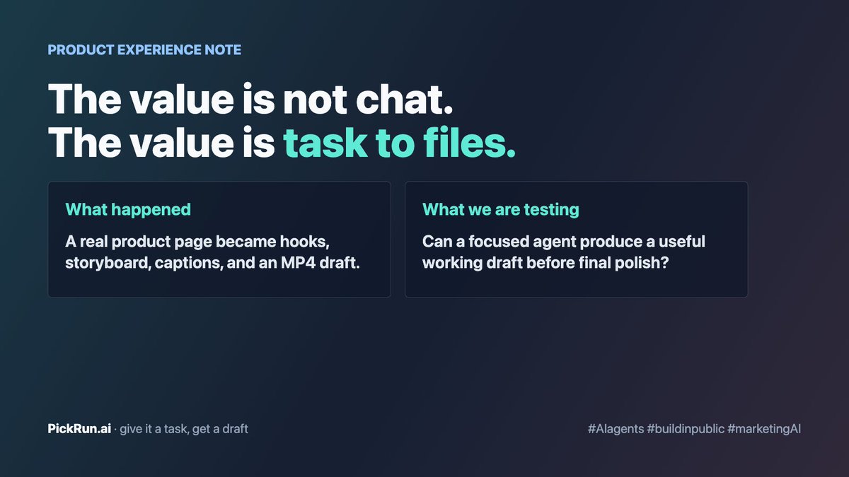 VelobaseX's tweet photo. We gave PickRun a real product page and asked for a promo video.

First it wrote the hooks and storyboard. After pushing it further, it generated an MP4 draft + HTML storyboard.

The lesson: the value is not chat. It is task -> files.

#AIagents #buildinpublic #marketingAI https://t.co/GDU7GTk4dd