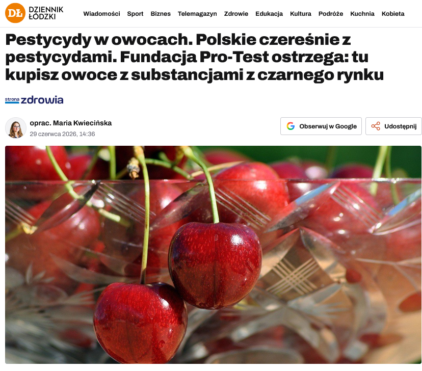 LeskiPiotr's tweet photo. Przebadano czereśnie kupione w: Lidlu, Biedronce i na  warszawskim bazarze. W dwóch pierwszych przypadkach były to owoce z Hiszpanii i Grecji. Czereśnie z bazaru pochodziły od polskiego rolnika sprzedawane jako "nie pryskane".
Najwięcej pestycydów – aż 8 – wykryto w czereśniach z ... Polski, sprzedawanych na bazarze jako „niepryskane”.🥳

Badacze znaleźli w nich m. in. ometoat – środek silnie toksyczny, uznawany przez EFSA za potencjalnie rakotwórczy, neurotoksyczny i zaburzający  gospodarkę hormonalną. Stosowanie ometoatu jest nielegalne w UE od wielu lat.
Dla porównania, w hiszpańskich czereśniach z Lidla i greckich z Biedronki  wykryto maksymalnie dwa pestycydy – dopuszczone do stosowania i w  śladowych ilościach, znacznie poniżej dopuszczalnych limitów.