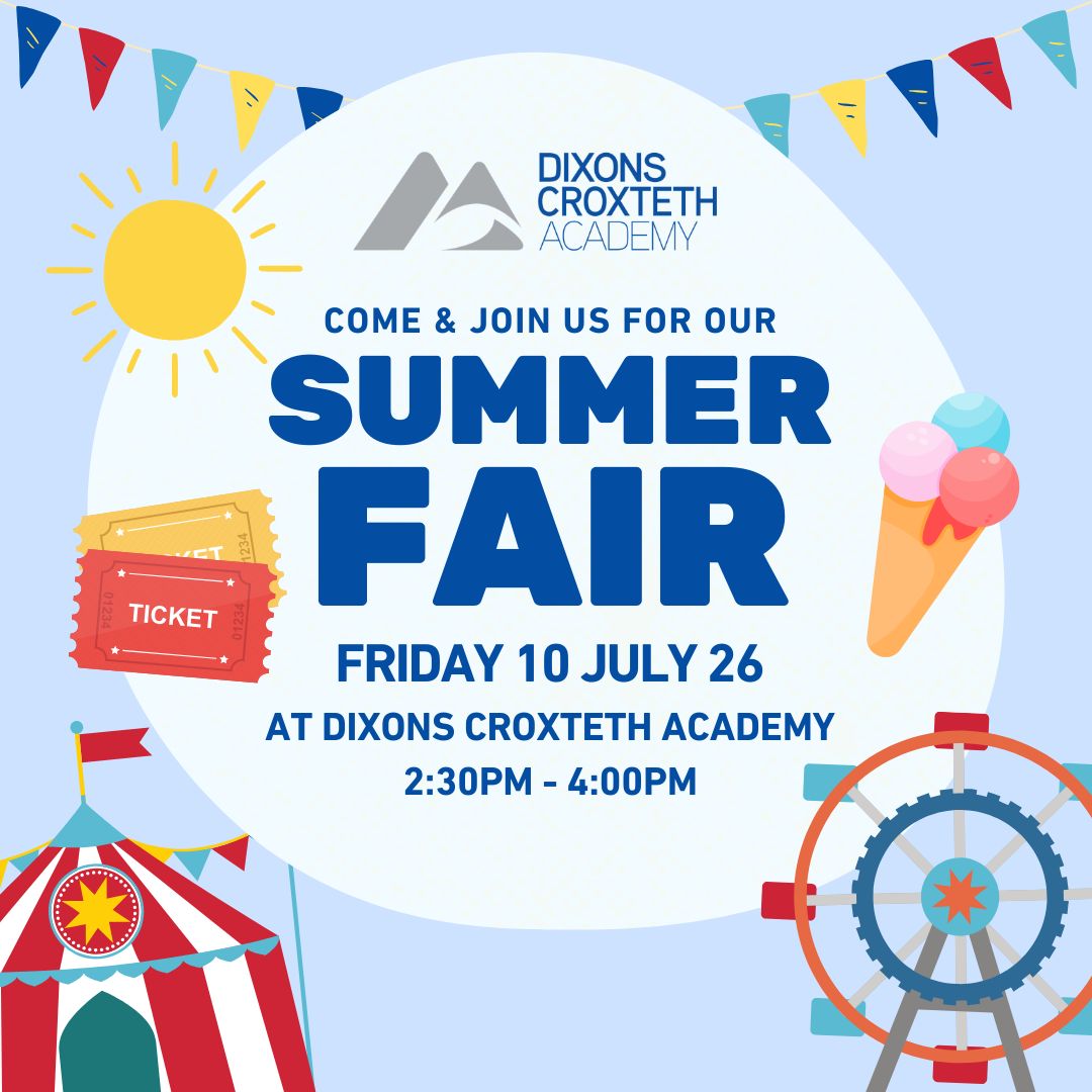 Dixonscr's tweet photo. ☀️🎉 Join us at the Dixons Croxteth Academy Summer Fair!
📅 Friday 10th July
🕝 2:30pm–4:00pm
Tour the school, meet our staff and enjoy a fun-filled afternoon for all the family. We can't wait to welcome you! 💙
#SummerFair #DixonsCroxtethAcademy 🏫✨ https://t.co/ZRcjmJJ9V9