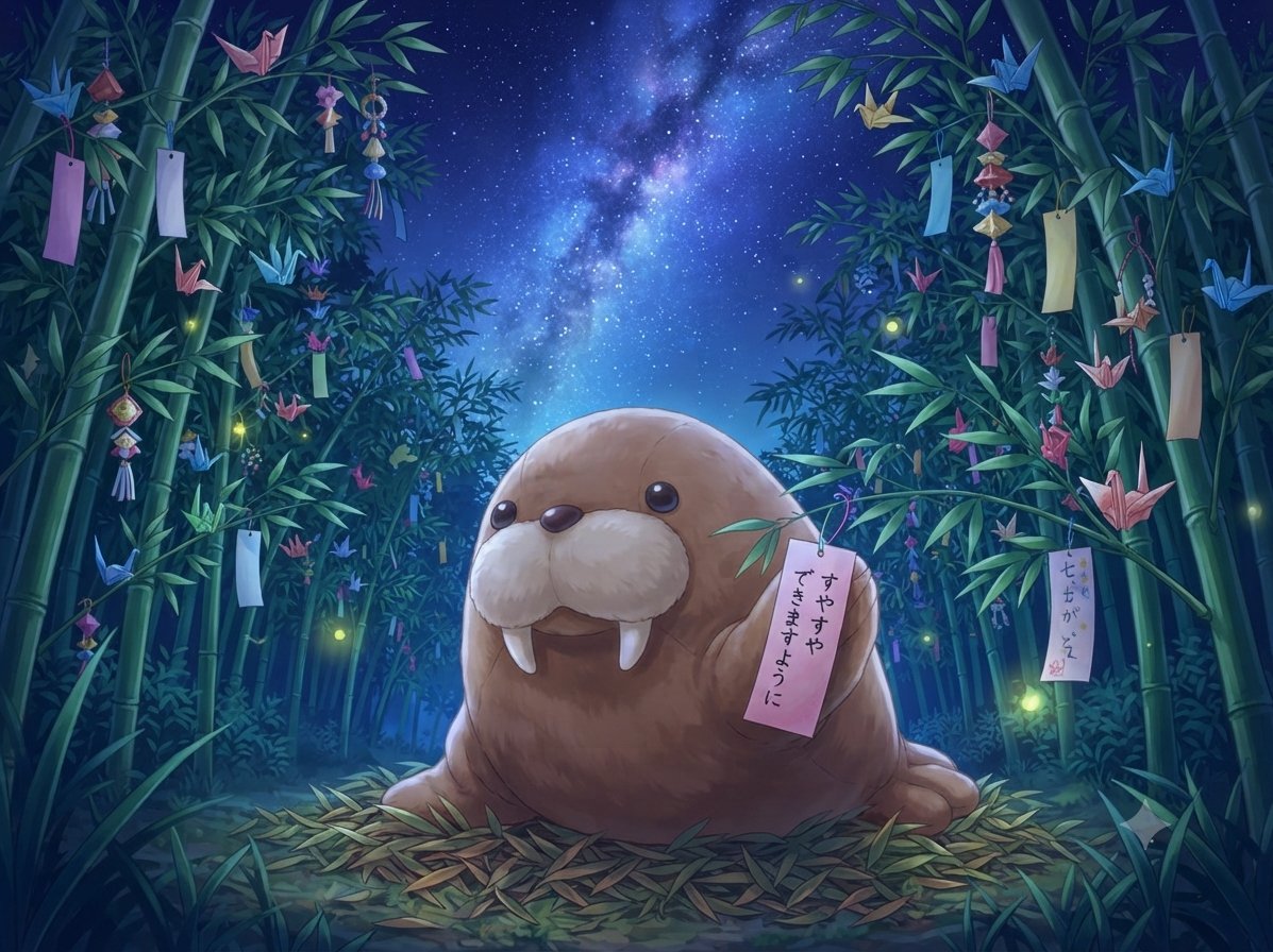 DollTriangle's tweet photo. もうすぐ七夕なので、セイウチ君が短冊を書いたようです（gemini https://t.co/bUBzfcfC1h