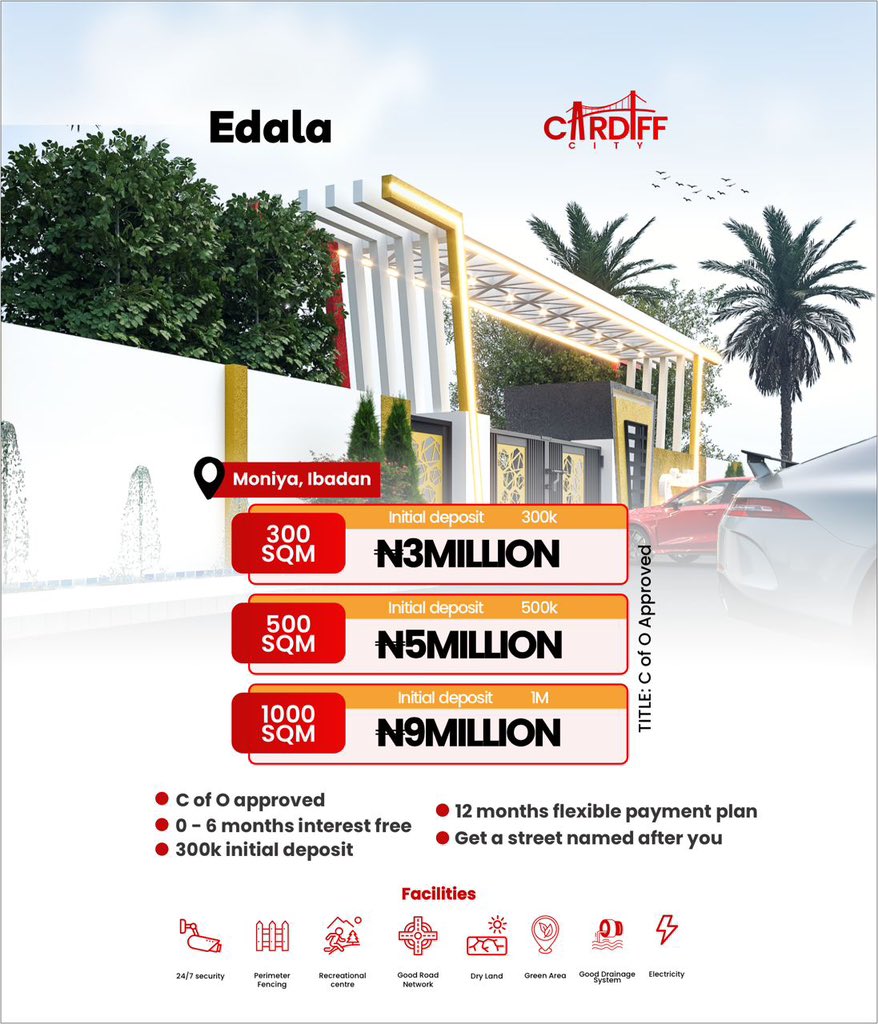 REE1TOR's tweet photo. 🏞️ *Cardiff City | Moniya, Ibadan*

A thoughtfully planned residential estate offering peaceful living and excellent investment potential in one of Ibadan's fastest-growing corridors.

💰 *Available Plots*
📐 *300 SQM* — *₦3M*
📐 *500 SQM* — *₦5M*
📐 *1000 SQM* — *₦9M* https://t.co/j6jwna7bNI