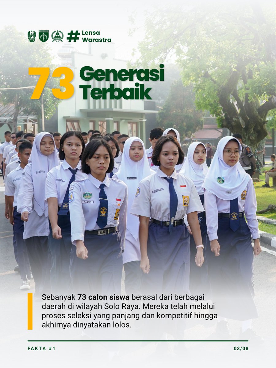 Korem074's tweet photo. 73 Putra-Putri Terbaik Solo Raya Siap Mengukir Prestasi 🇮🇩

Sebanyak 73 calon siswa SMA Taruna Nusantara asal wilayah Solo Raya resmi dilepas oleh Wali Kota Surakarta dalam sebuah prosesi yang berlangsung di Makorem 074/Warastratama. https://t.co/H5ZsZ52nrs