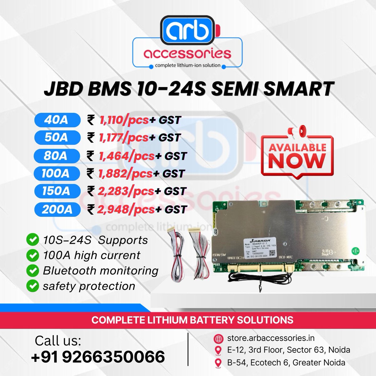 arb_ltd's tweet photo. ๐ JBD Smart & Semi Smart BMS โ Available Nowโก
๐ฉ DM US FOR MORE INFORMATION
๐ +91 9266350066
๐ https://t.co/4BZbLAJl3D
๐ E-12, 3rd Floor, Sector 63, Noida
๐ B-54, Ecotech 6, Greater Noida
#JBDBMS #SmartBMS #SemiSmartBMS #BatteryManagementSystem #LithiumBattery https://t.co/zSLZtDla6g
