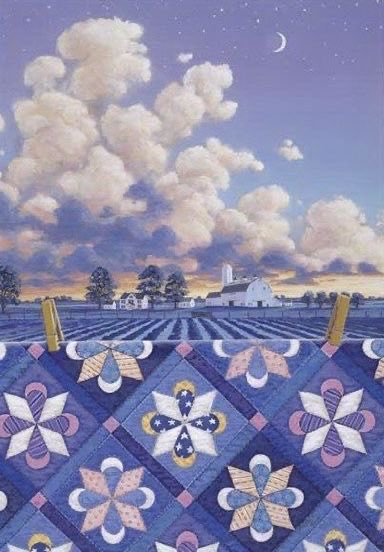 HWarlow's tweet photo. Rebecca Barker 
Quiltscapes.  
Amazing work 
They are actually paintings but she is a quilter too. 
Nevertheless they are amazing pieces and she uses the traditional patterns of the quilts.   Very clever https://t.co/bKkOTqPVjH