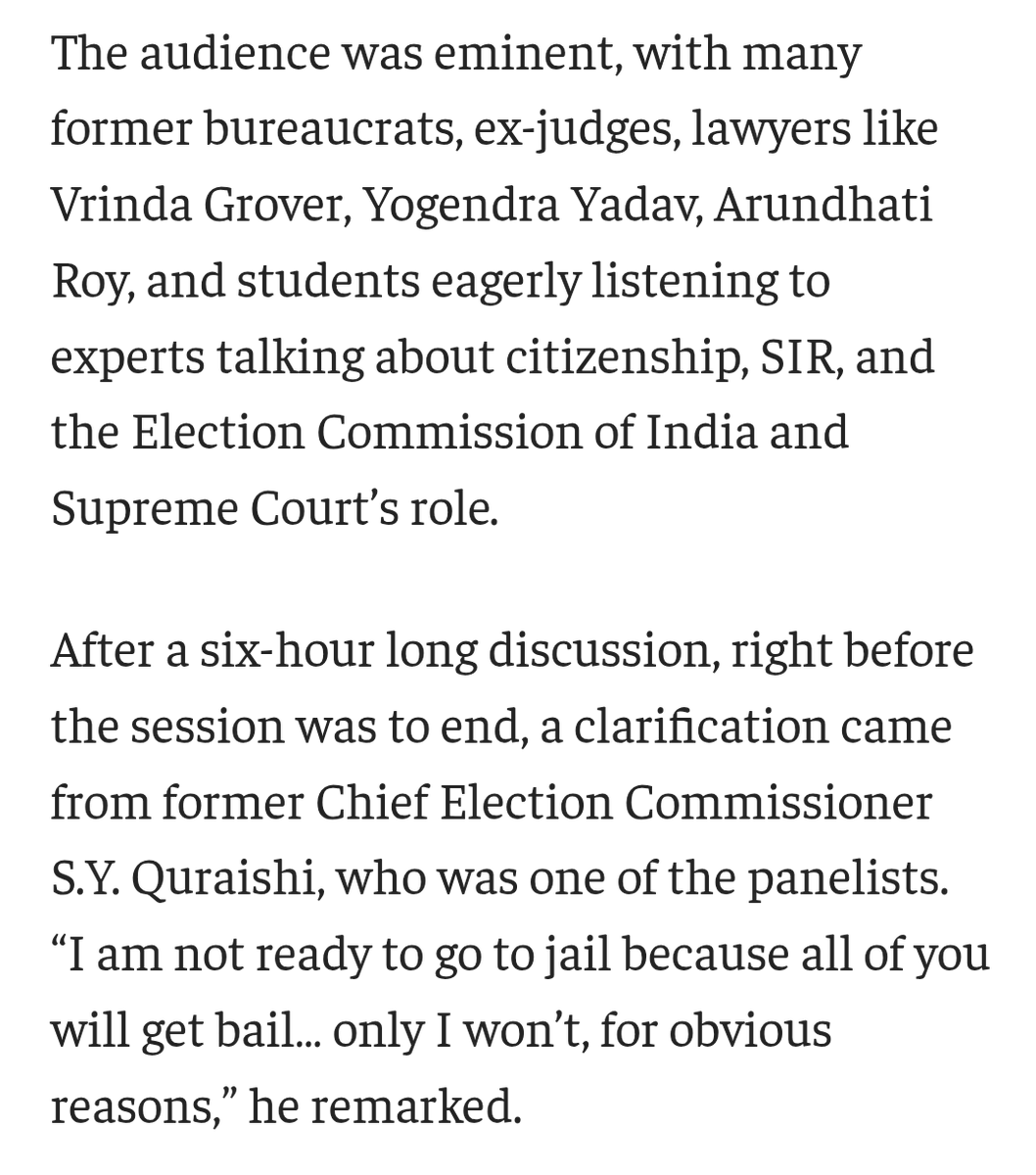 culturedbuoy's tweet photo. "I am not ready to go to jail, all of you will get bail...only I will not, for obvious reasons"

S.Y. Quraishi, Former Chief Election Commissioner of India, speaking at the Constitution Club in Delhi, after many Hindu panelists said they are willing to go to jail to protest SIR. https://t.co/O5WgZnNsTY