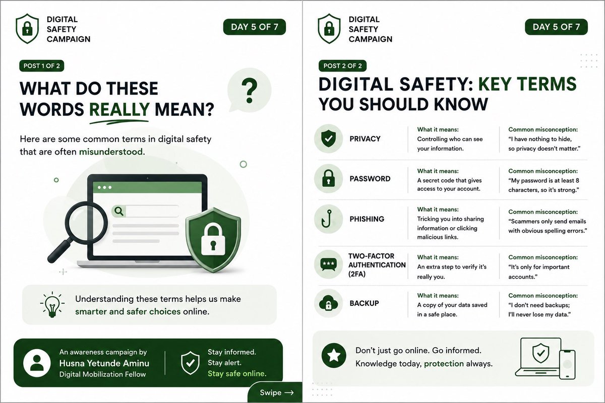 Husna_yetty's tweet photo. Day 5 of my Digital Safety Campaign
Do you know what terms like phishing, 2FA, privacy, and backup really mean?
Understanding these concepts can help you stay safer online.
Swipe through and tell me which term surprised you the most.
#DigitalSafety #DML #HusnaAminu https://t.co/D2rVNGBwDd