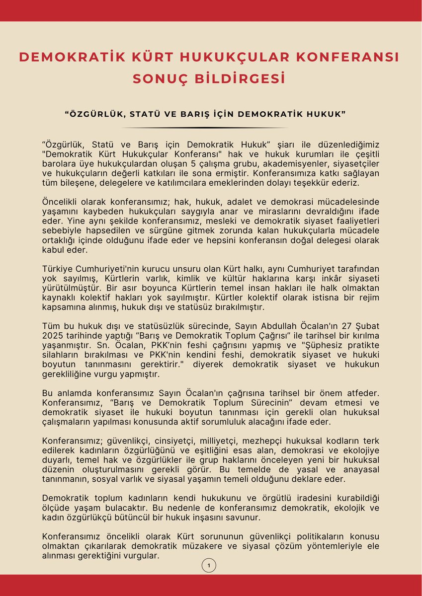 ohdgenelmerkez's tweet photo. “Özgürlük, Statü ve Barış için Demokratik Hukuk” şiarıyla düzenlenen Demokratik Kürt Hukukçular Konferansının Sonuç Bildirgesi’ne aşağıdaki bağlantıdan ulaşabilirsiniz. ⤵️

https://t.co/Q88FWtoa1L https://t.co/a8ReKeHLd8